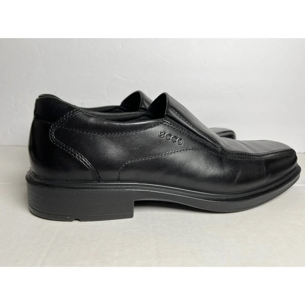 ECCO Helsinki Mens Black Leather Slip On Loafers Square Toe Dress Shoes